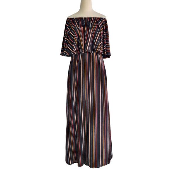Garnet Hill Off-The-Shoulder Knit Maxi Dress MED Black Stripe Boho Rainbow NEW - Picture 6 of 16